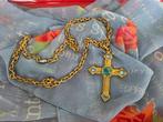 Vintage koperen kruis met steentjes met lange ketting, Ophalen of Verzenden, Koper, Hanger, Met edelsteen