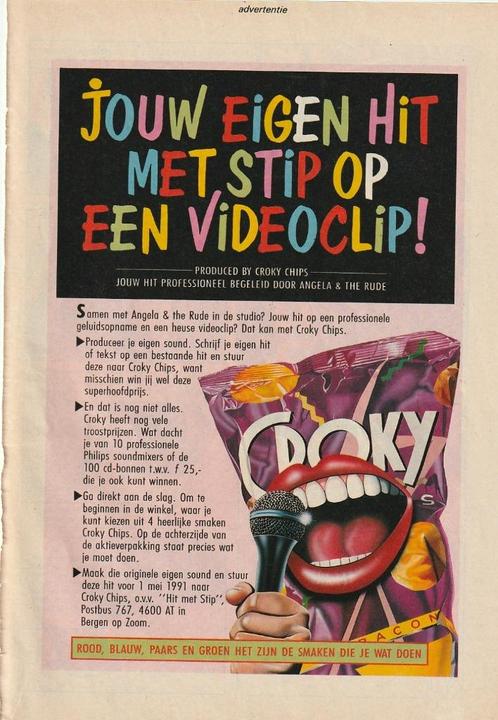 Retro reclame 1991 Croky chips met Angela & The Rude studio, Verzamelen, Retro, Overige typen, Ophalen of Verzenden