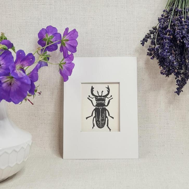 Linoleumsnede print Kever in passe partout 13x18cm, Huis en Inrichting, Woonaccessoires | Schilderijen, Tekeningen en Foto's, Nieuw