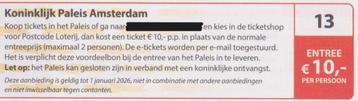 Koninklijk Paleis Amsterdam entree €10,- per persoon. Bon 13 beschikbaar voor biedingen