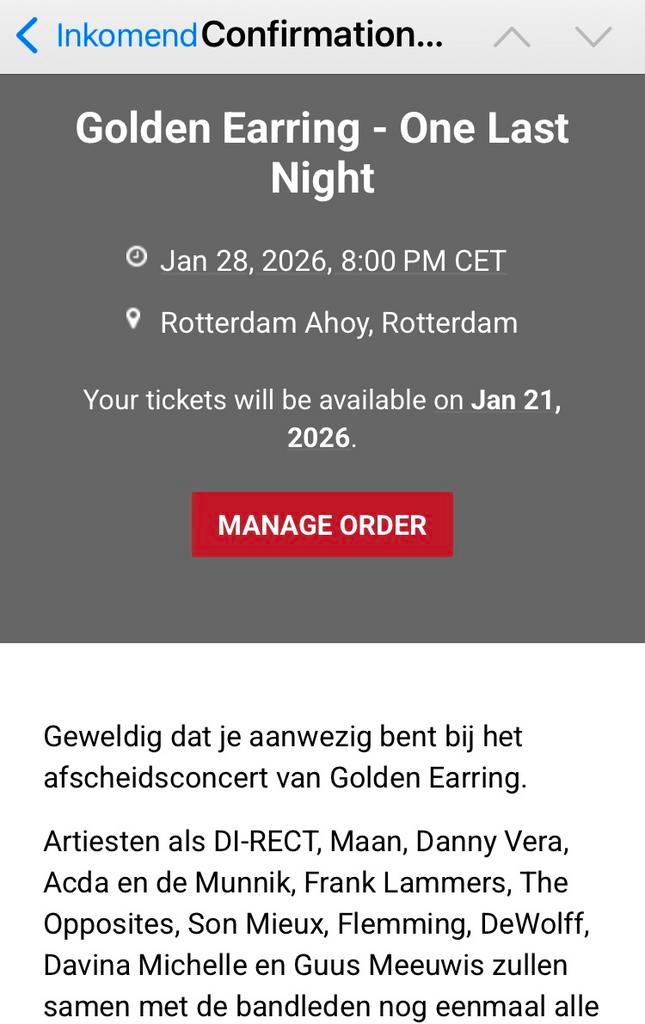 3 tickets Golden Earring Ahoy 29 januari 2026 2e ring, Tickets en Kaartjes, Concerten | Pop, Drie personen of meer, Januari