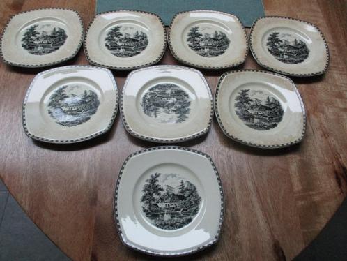 8 Oude Societe Ceramique gebak bordjes model LANDSCHAP, Antiek en Kunst, Antiek | Servies los, Ophalen of Verzenden