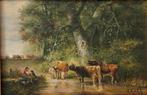 Jan Evert Morel ll (1835-1905) 'herder met vee aan bosbeek'', Antiek en Kunst, Kunst | Schilderijen | Klassiek, Ophalen of Verzenden