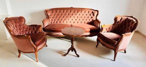 Roze bank fauteuil vintage barok queen ann retro franjes, Antiek en Kunst, Antiek | Meubels | Stoelen en Banken, Ophalen of Verzenden