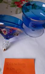blauw bonbonschaal met rode gl.steentjes en goud  20 cm hoog, Antiek en Kunst, Antiek | Glas en Kristal, Ophalen of Verzenden