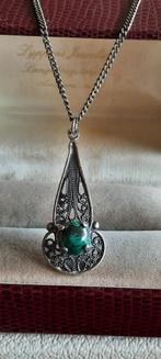 Antieke  ketting, filigrain zilver met malachiet, gemerkt., Ophalen of Verzenden, Zilver, Ketting