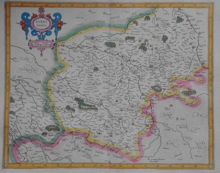 Frankrijk Indre Centre Le Berry kaart van Mercator uit 1613, Boeken, Atlassen en Landkaarten, Gelezen, Landkaart, Frankrijk, Voor 1800
