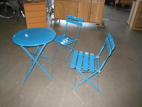 Blauw metalen bistrsetje, 2 stoel en een tafel, inklapbaar, Tuin en Terras, Tuinsets en Loungesets, Gebruikt