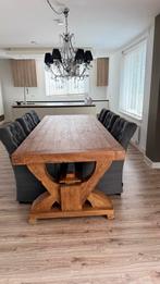 Massief houten handgemaakte eethoek tafel 6 stoelen gereinig, Huis en Inrichting, Teakhout, 200 cm of meer, Ophalen of Verzenden