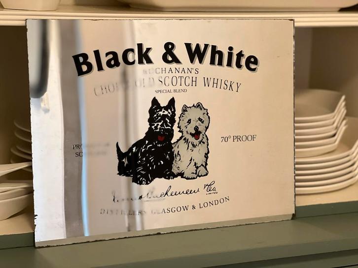Vintage Black & White Scotch Whisky Spiegel Display, Antiek en Kunst, Antiek | Spiegels, Minder dan 50 cm, Rechthoekig, Ophalen of Verzenden