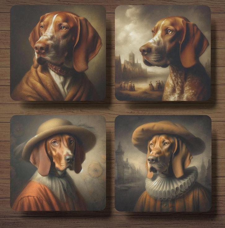 Bracco Italiano Rembrandt stijl onderzetters met houder, Huis en Inrichting, Woonaccessoires | Onderzetters, Nieuw, Glas of Kopje