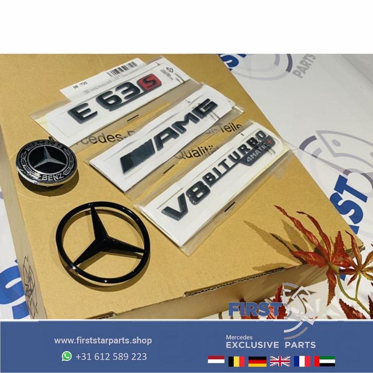 W212 W213 C238 E63 S 4MATIC+ STER AMG LOGO SET ZWART EMBLEME, Auto-onderdelen, Carrosserie en Plaatwerk, Mercedes-Benz, Gebruikt