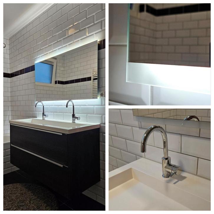 Dubbelewastafel met meubel en spiegel. Badkamermeubel., Huis en Inrichting, Badkamer | Badkamermeubels, Gebruikt, Wastafelkast