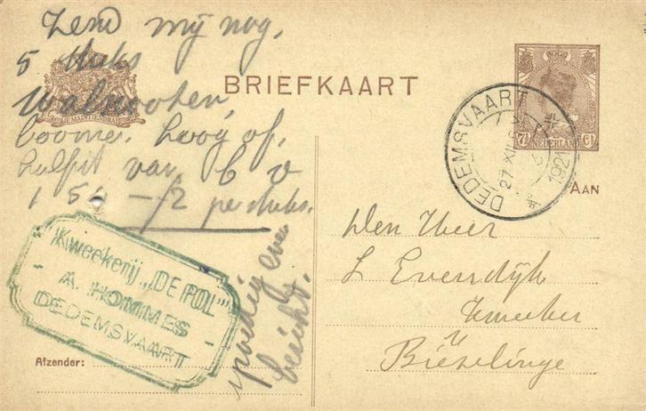 Kweekerij De Pol, A. Hommes, Dedemsvaart - 12.1921 - briefka, Postzegels en Munten, Brieven en Enveloppen | Nederland, Briefkaart
