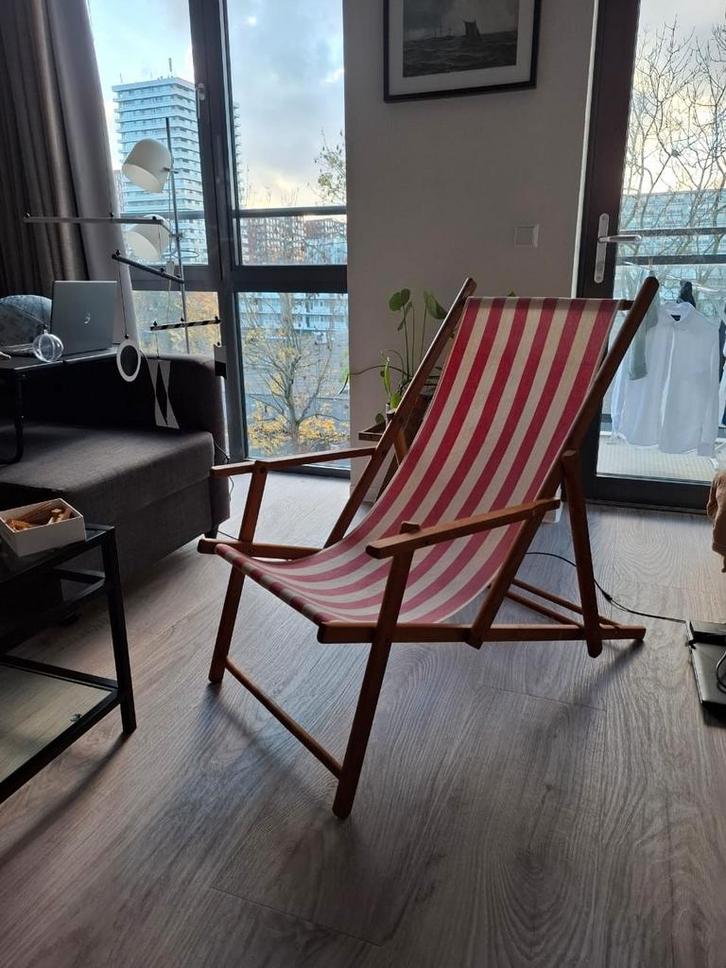 2 Houten Strandstoelen - Rood Wit Gestreepte Canvas, Tuin en Terras, Ligbedden, Gebruikt, Hout, Inklapbaar, Ophalen