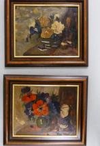 2x Veldbloemen jaren '70 - olieverf op paneel - gelijst, Ophalen of Verzenden