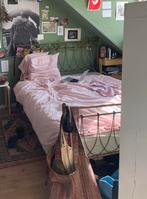 Metalen houtlook bedframe twijfelaar, Ophalen, Gebruikt, Bruin, Tweepersoons