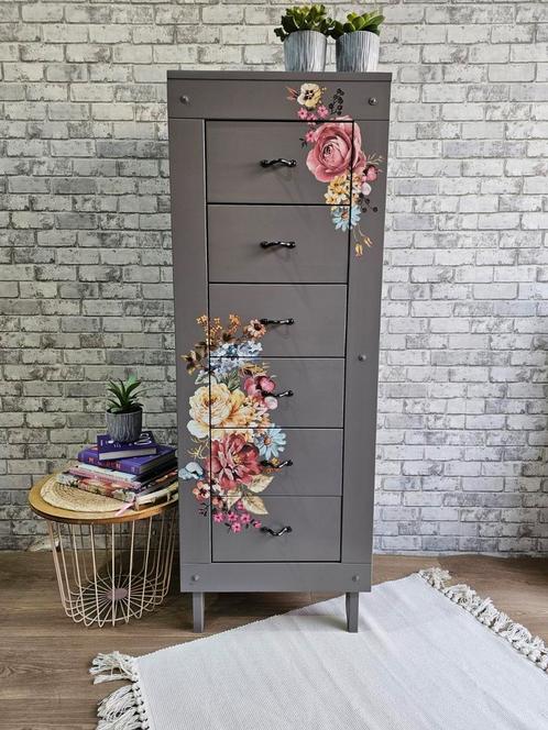 Grijze ladekast met bloemen, Huis en Inrichting, Kasten | Overige, Zo goed als nieuw, Ophalen