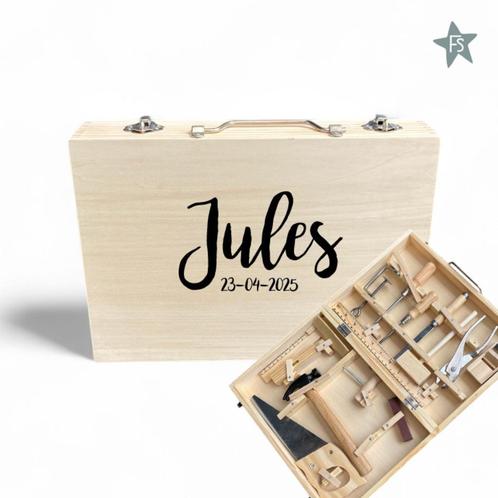 Houten Gereedschapskist, 16dlg. ( met naam ), Kinderen en Baby's, Kraamcadeaus en Geboorteborden, Nieuw, Kraamcadeau, Ophalen of Verzenden