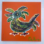 Schilderij Peko - Witte Haan op Oranje Abstract 60x60cm, Ophalen of Verzenden