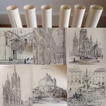 6x lithografieën kerk kathedraal W.E. Nesfield A. Newman