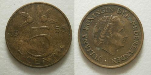 Juliana 5 cent 1955, Postzegels en Munten, Munten | Nederland, Losse munt, 5 cent, Koningin Juliana, Ophalen of Verzenden