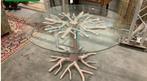 Bijzondere eettafel kunst Rond glas 140 h 79 voet metaal, Huis en Inrichting, Tafels | Eettafels, Ophalen, Gebruikt, Rond, Eclectisch