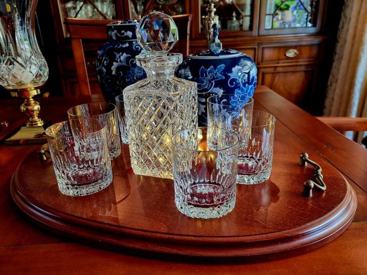 ANTIEKE KRISTALLEN WHISKY SET OP MAHONIE WHISKY TRAY, Antiek en Kunst, Antiek | Glas en Kristal, Ophalen of Verzenden