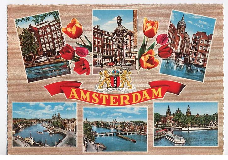 Amsterdam - gebouwen boten beeld Lieverdje bruggen tulpen, Verzamelen, Ansichtkaarten | Nederland, Gelopen, Noord-Holland, 1960 tot 1980