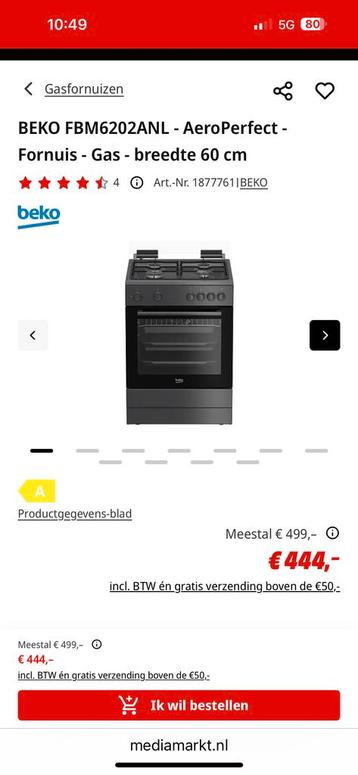 Beko FBM6202ANL Gasfornuis - 60cm beschikbaar voor biedingen