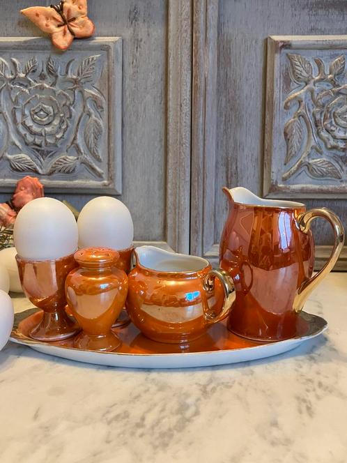 Antiek roomstel eierdopjes zoutvaatje Bavaria orange, Antiek en Kunst, Antiek | Servies los, Ophalen of Verzenden