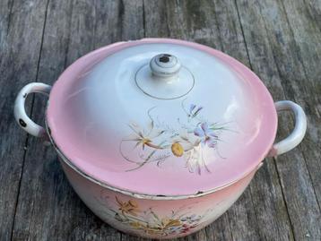 Vintage Emaille Pan met Deksel - Roze Bloemen beschikbaar voor biedingen