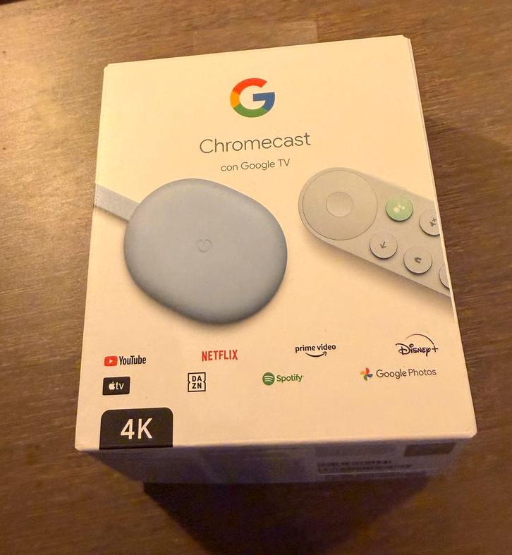Google Chromecast 4K grijs blauw in doos met google tv, Audio, Tv en Foto, Mediaspelers, Zo goed als nieuw, Minder dan 500 GB