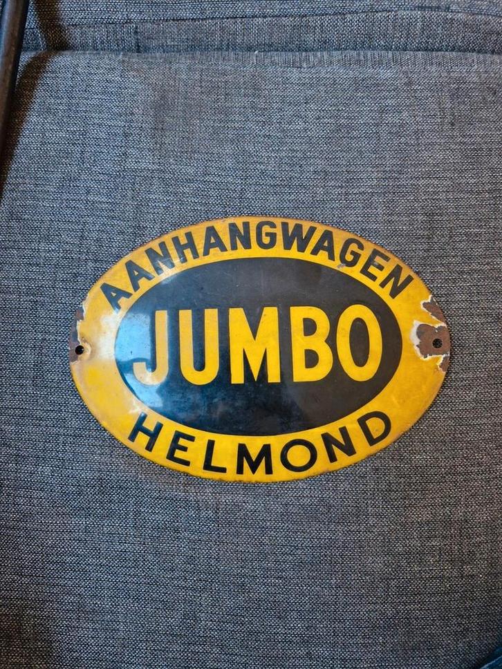 Oud Emaille Bord Jumbo Aanhangwagen Helmond, Antiek en Kunst, Antiek | Emaille, Ophalen of Verzenden