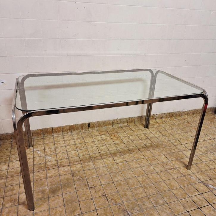 Vintage IKEA Glazen Eettafel met Chroom Onderstel, Huis en Inrichting, Tafels | Eettafels, Gebruikt, 50 tot 100 cm, 100 tot 150 cm
