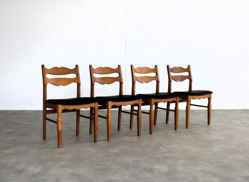 brutalist eetkamerstoelen | vintage stoelen | jaren 60 | (5), Huis en Inrichting, Stoelen, Gebruikt, Vier, Hout, Leer, Bruin, Ophalen of Verzenden