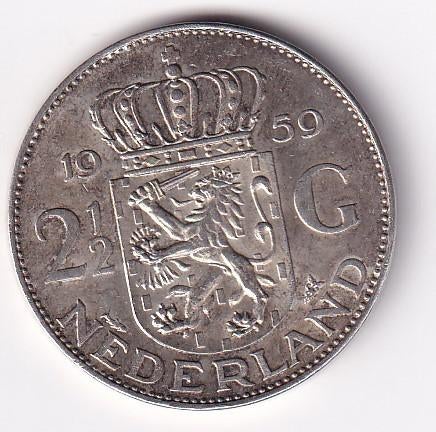 2 1/2 Gulden 1959 Zeer fraai met Patina, Postzegels en Munten, Munten | Nederland, Koningin Juliana, Verzenden, Zilver, Losse munt