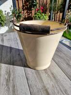 Oude emaille emmer,beige,bruine rand,houten handvat,aker, Ophalen of Verzenden