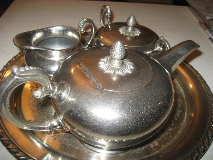 Thee stel op blad verzilverd, Antiek en Kunst, Antiek | Servies compleet, Ophalen of Verzenden