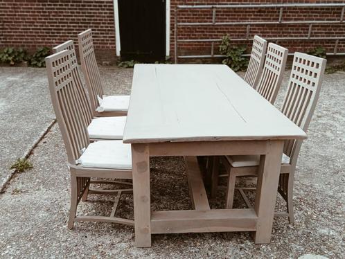hardhouten eethoek met zes stoelen greywash, Huis en Inrichting, Complete eetkamers, Gebruikt, 6 tot 8 stoelen, Ophalen of Verzenden