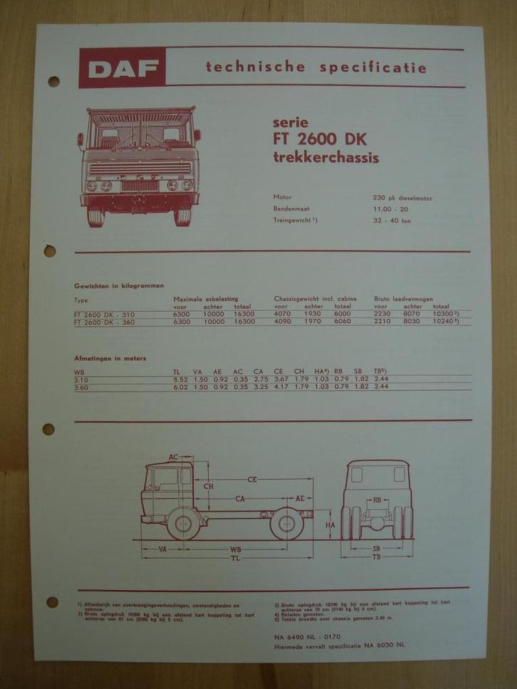 DAF FT 2600 DK Technische Specificatie folder 1970 - 4x2, Boeken, Auto's | Folders en Tijdschriften, Zo goed als nieuw, Overige merken