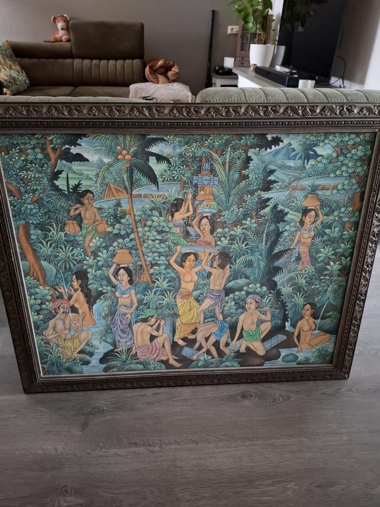 Balinees acryl schilderij op doek., Antiek en Kunst, Ophalen