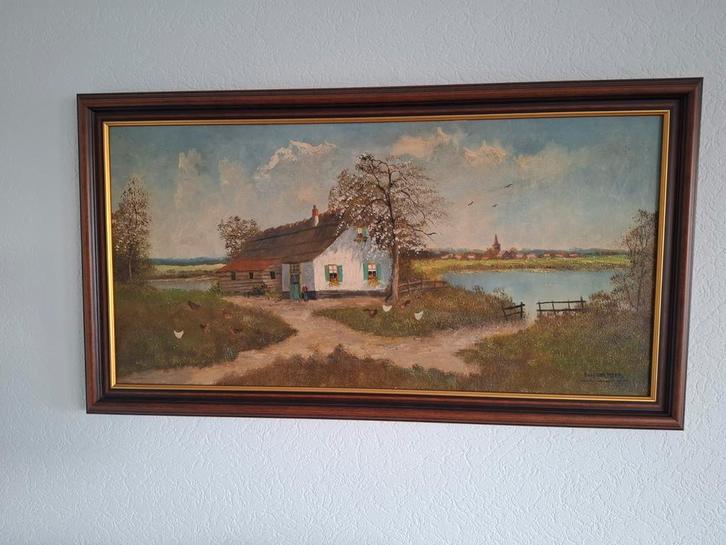 Schilderij met boerderij in eiken lijst, Antiek en Kunst, Kunst | Schilderijen | Klassiek, Ophalen of Verzenden
