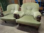 1 of 2 vintage fauteuils / eiken stoelen groen mohair stof, Huis en Inrichting, Fauteuils, Hout, Gebruikt, 75 tot 100 cm, Ophalen of Verzenden