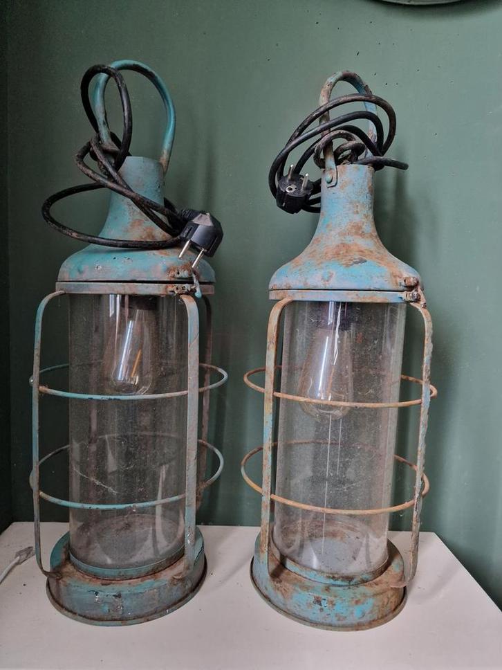 Vintage Industriële Lampen Set, Huis en Inrichting, Lampen | Hanglampen, Gebruikt, 50 tot 75 cm, Glas, Metaal, Ophalen of Verzenden