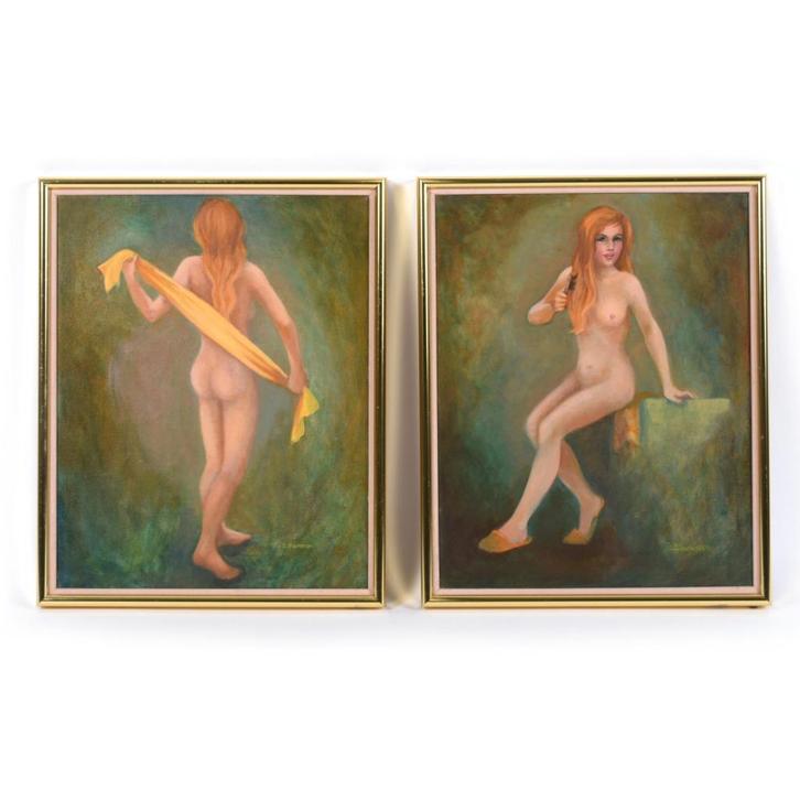 Paar groengouden vrouwelijke naaktschilderijen van Swanson, Antiek en Kunst, Kunst | Schilderijen | Klassiek, Ophalen of Verzenden