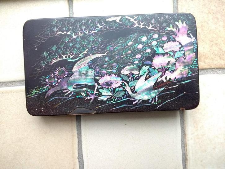 Antieke tabaksdoos zwart met ingelegd parelmoer 19de eeuw, Antiek en Kunst, Curiosa en Brocante, Ophalen of Verzenden