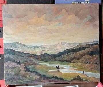 Landschap olieverf op hardboard 20e eeuw  beschikbaar voor biedingen