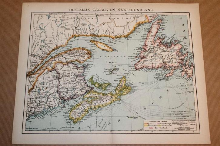 Antieke kaart - Oostelijk Canada en Newfoundland - 1900, Boeken, Atlassen en Landkaarten, Zo goed als nieuw, Landkaart, 1800 tot 2000
