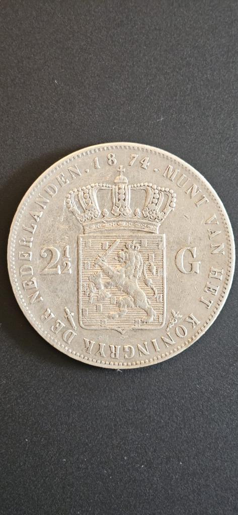 Zilveren 2½ Gulden 1874 Willem III – zwaard met klaver, Postzegels en Munten, Munten | Nederland, Losse munt, 2½ gulden, Koning Willem III